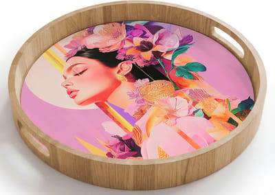 Dienblad rond 40x40 cm - Schootdienblad hout - Vrouw - Bloemen - Paars - Abstract - Borrelplank rechthoek - Plateau houten dienbladen