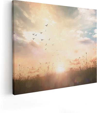 Artaza Canvas Schilderij Zonsondergang - 100x80 cm - Groot - Wanddecoratie Vogels - Muurdecoratie Natuur - Schilderijen Op Canvas Landschap