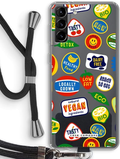 Case Company® - Hoesje met koord geschikt voor Samsung Galaxy S21 Plus hoesje met Koord - Fruitsticker - Telefoonhoesje met Zwart Koord - Bescherming aan alle Kanten en Over de Schermrand