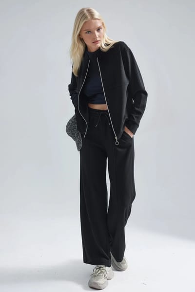 Modal Touch Sweater met Rits en Geribbelde Broek Set