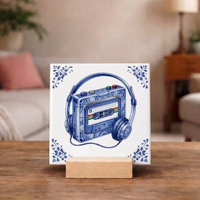 Delftsblauw Tegeltje 11x11 Walkman – Retro Muziekliefhebber Cadeau