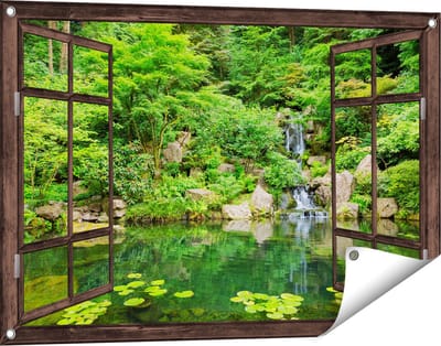 Gards Tuinposter Doorkijk Panorama van Japanse Tuin - 90x60 cm - Tuindoek - Tuindecoratie - Wanddecoratie buiten - Tuinschilderij