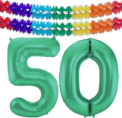 Folat Verjaardag Leeftijd folieballon - 50 jaar - groen - 86 cm - cijferballon groot - incl 2x feestslingers