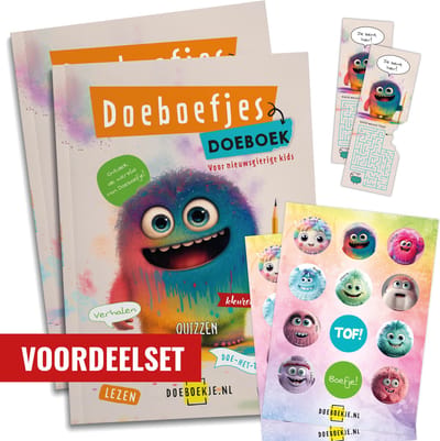 2 Doeboefjes Doeboeken + 2 stickervellen - puzzels, verhaaltjes, spelletjes - vakantieboek voor kinderen 7-12 jaar
