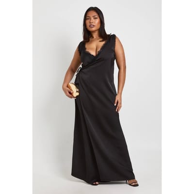 boohoo Dames Plus Kanten Rand Wikkel Satijn Maxi Jurk | Zwart | Maat: 44