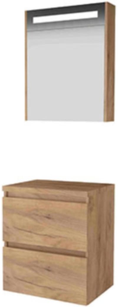 Basic-Line Premium 46 Badkamermeubelset - 60 x 46 cm - Greeploos - 2 Lades - Wastafelblad - Spiegelkast met LED Verlichting - Whisky Oak