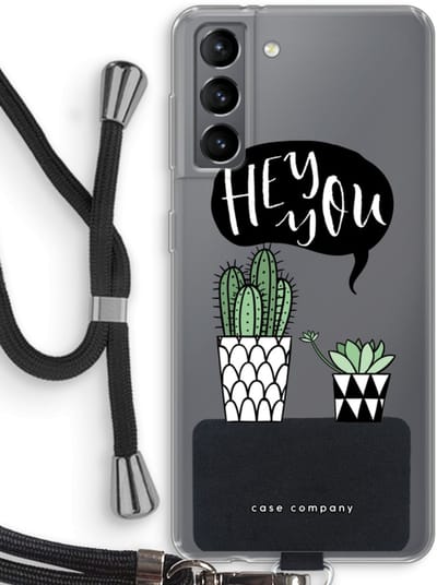 Case Company® - Hoesje met koord geschikt voor Samsung Galaxy S21 hoesje met Koord - Hey you cactus - Telefoonhoesje met Zwart Koord - Bescherming aan alle Kanten en Over de Schermrand