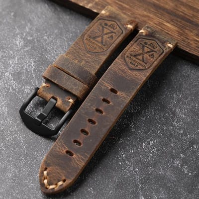 Handgemaakte Eerste Laag Koeienhuid Lederen Horlogeband 20 22 24MM Zwart Bruin Leren Band Vintage Stijl Heren Armband Dikkere Band 22mm black