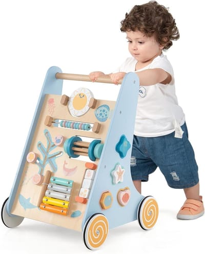 GOPLUS Wooden Walker Height Adjustable Walker Baby Walker for Pushing and Pulling, Multifunctional Montessori Toy with Wheels and Storage Space for Children from 1 Year