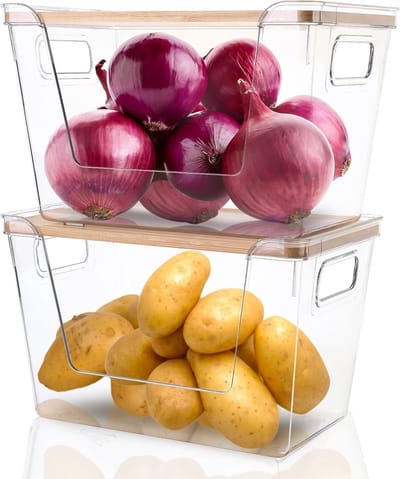 Set van 2 stapelbare opbergdozen voor aardappelen, uien, knoflook, fruit en groenten - Transparante keukenopberger met deksel voor onder de gootsteen