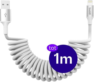 Buddi Flex | Uitrekbare USB-A naar Lightning Krul Kabel 12W Fast Charge 5V/2.4A | 480Mbps Dataoverdracht | Gevlochten Elastisch Nylon | Krulsnoer | Spiraalkabel | Voor in de auto | 1M Wit