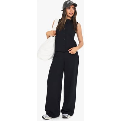 boohoo Dames Gerimpelde rib mouwloze top met volledige knoopsluiting en broekset | Zwart | Maat: 34