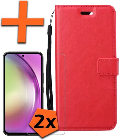 Hoes - Met 2x Screenprotector - Geschikt voor Samsung Galaxy A54 - Luxe Pasjeshouder - Bookcase Portemonee - Flip Case - Kunstleer Book Case - Flipcase Hoes - Book Cover - Walletcase - PortemonneeHoes - Rood