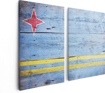 Artaza Canvas Schilderij Tweeluik Aruba Vlag op Hout - 80x60 - Foto Op Canvas - Canvas Print