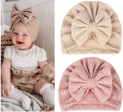 2 Stuks - Meisjes Babymutsjes Tulband - Grote Strik - Roze Beige - 1-6 mnd