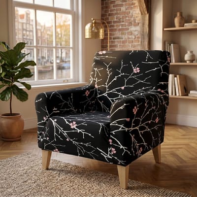 Qelus 2st. Fauteuilhoes met Armleuning - Zetelhoes Stretch Universeel - Melkzijde Meubelhoes Stoelhoes - Stoelbeschermer Wasbaar Antislip - Botanische Bloemenprint - Kersenbloesem