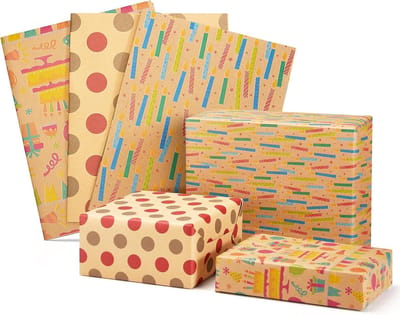 Famanu - Inpakpapier, cadeaupapier voor verjaardag, cadeaupapier, recyclebaar kraftpapier voor mannen, vrouwen, meisjes, jongens (50 x 76 cm), Kleurrijk en bruin – 3 vellen, 3 count (Pack of 1)