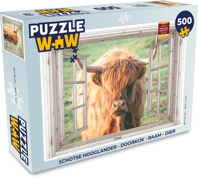 Puzzel Schotse hooglander - Doorkijk - Raam - Dier - Legpuzzel - Puzzel 500 stukjes