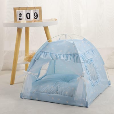 Zomer Huisdier Semi-gesloten Tent Ademende Kattenkennel Kennel Buiten Blauw Bloemen Tent Opvouwbaar M: 40 * 40CM
