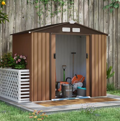 MEUNIQ tuinschuur 213 x 130 x 185 cm met 2 schuifdeuren, ventilatieopeningen en bodemframe, stalen berging voor tuingereedschap en tuinopslag, bruin