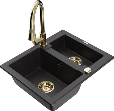 Mexen Carlos granieten spoelbak 1,5-komor met keukenmengkraan Elia, zwart/zilver metallic - 6518-73-670101-50