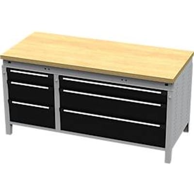 Otto Kind brede werkbank type 420, vlak afwerkend, multiplexplaat van beukenhout, tot 1400 kg, B 1697 x D 750 x H 850 mm, staal, centrale vergrendeling, blank aluminium/diepzwart