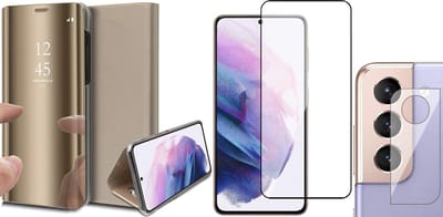 Hoesje geschikt voor Samsung Galaxy S21 FE - Book Case Spiegel Wallet Cover Hoes Goud - Full Tempered Glass Screenprotector - Camera Lens Protector
