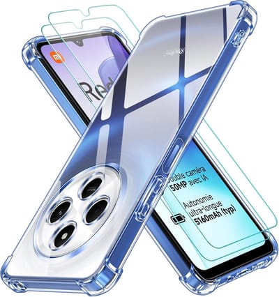 Casemania Hoesje + Glas Geschikt voor Xiaomi Redmi 17C - Transparant - Anti Shock Back Cover - 2x Glazen Screenprotector