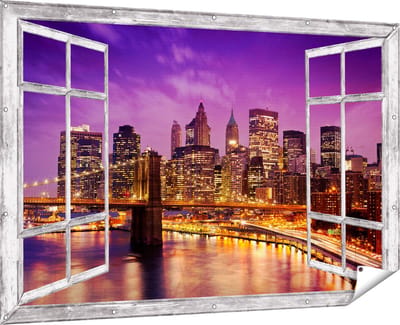 Gards Tuinposter Doorkijk Skyline New York van Centrum in het Paars - 180x120 cm - Tuindoek - Tuindecoratie - Wanddecoratie buiten - Tuinschilderij