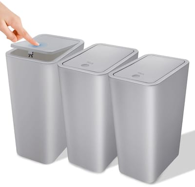 Set van 3 Moderne Afvalemmers met Deksel, 10L - Ideaal voor Badkamer, Keuken en Kantoor (Grijs)