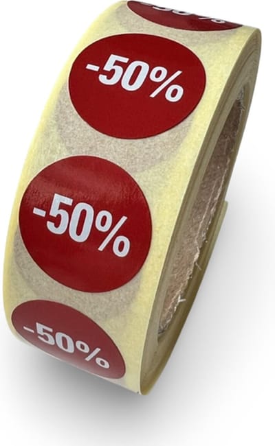 Kortings etiket op rol 50% - 500 stuks - rond 20mm