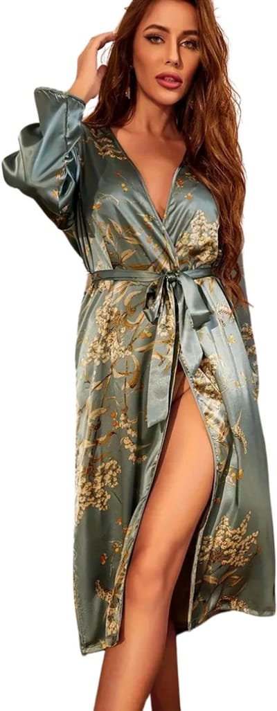 Bovista Satijnen Badjas Dames - Kimono - Kamerjas - Satijn - Ochtendjas - Pyjama - Groen - Maat L