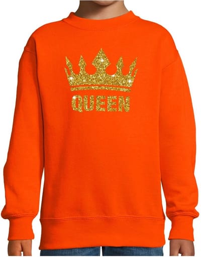 Oranje Koningsdag - gouden glitter - Queen sweater / trui - kinderen - Oranje Koningsdag kleding - met gouden print 96/104 (3-4 jaar)