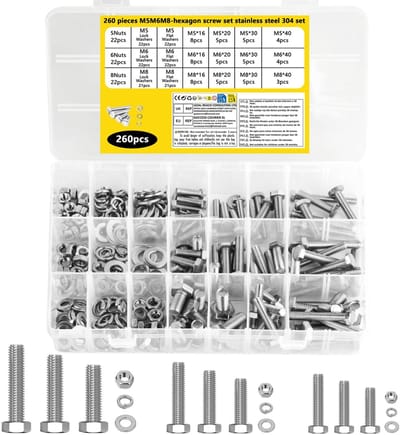 Dailygoods- Schroeven Set 260 Stuks - Zeskante Machinebouten - Moeren met Veerringen - Onderlegringen - Roestvrij Staal 304 - Corrosiebestendig - Bevestigingsmateriaal
