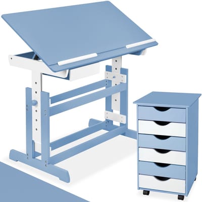 tectake® Kinderbureau met Ladekast - Tekentafel - Kinder Bureau - Kantelbaar en In Hoogte Verstelbaar - Kast met 6 Laden - Blauw