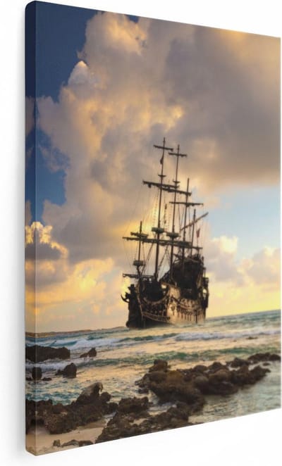 Artaza Canvas Schilderij Zeilschip - 30x40 cm - Klein - Wanddecoratie Zonsondergang - Muurdecoratie Strand Zee - Kamer Accessoires Woonkamer