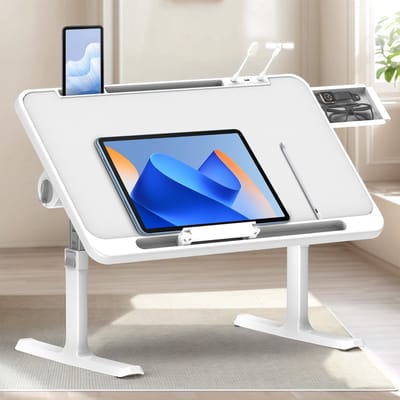 Soontrans Opvouwbare Laptoptabel In Hoogte Verstelbare Laptoptabel Met Lade + LED + Ventilator Draagbaar Bureau Voor op Bed Met Ergonomische Kantelhoek，Hoek Kan Vrij Worden Aangepast Voor Bank, Vloer, Bed, Buiten - Lichtgrijs