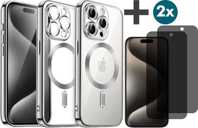 Hoesje met Privacy Screenprotectors 2 Stuks Geschikt voor iphone 15 Pro Hoesje - Geschikt voor MagSafe - Arara siliconen Backcover - Zilver