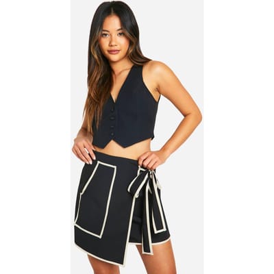 boohoo Dames Contrast Trim Wrap Mini Skirt | Zwart | Maat: 34