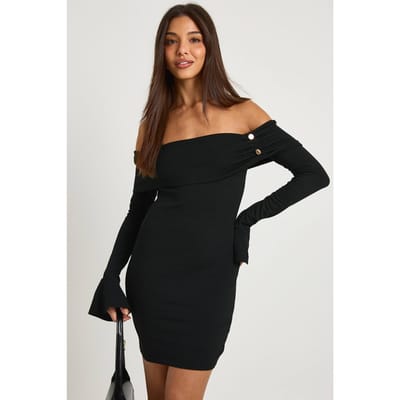 boohoo Dames Rib Gold Knop Detail Bardot Mini Jurk | Zwart | Maat: 40