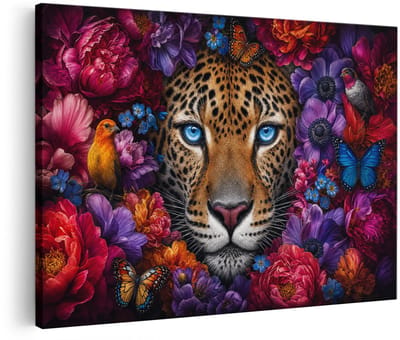 Artaza Canvas Schilderij Luipaardgezicht Met Bloemen - Kleurrijk En Exotisch - 60x40 cm - Wanddecoratie Woonkamer - Schilderijen - Muurdecoratie