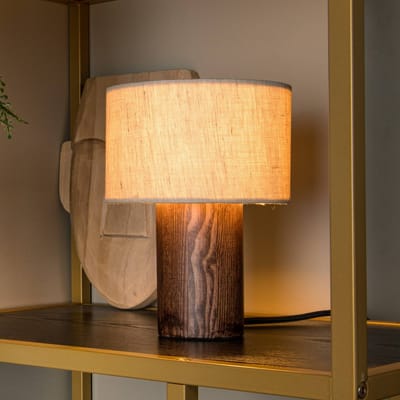 Lucide tafellamp Tachina, hoogte 20 cm, bruin/naturel, hout/stof