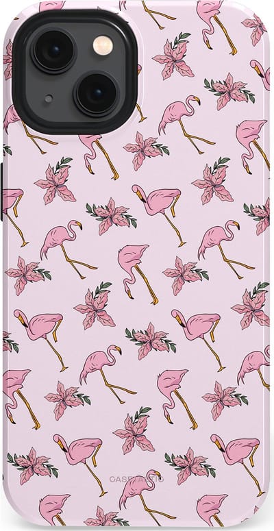 Casetastic hoesje geschikt voor Apple iPhone 13 - MagSafe - Dubbellaagse bescherming - Tropisch Roze Flamigo Bloemen Paradijs - Fashion Case - Lichtgrijs Wit Lichtroze