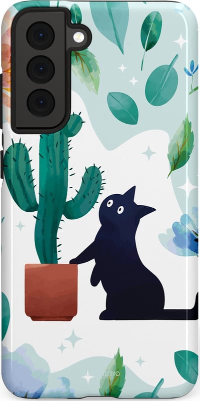Casetastic hoesje geschikt voor Samsung Galaxy S21 FE 5G - Dubbellaagse bescherming - Cactuskat - Fashion Case - Lichtgrijs Turquoise Wit Mintgroen