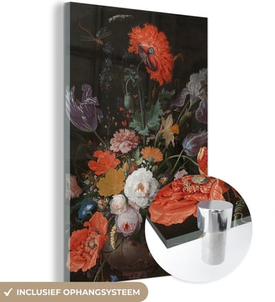 MuchoWow® Glasschilderij 120x180 cm - Schilderij acrylglas - Stilleven met bloemen en een horloge - Schilderij van Abraham Mignon - Foto op glas - Schilderijen