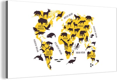 Wanddecoratie Metaal - Aluminium Schilderij Industrieel - Wereldkaart - Geel - Dieren - 120x60 cm - Dibond - Foto op aluminium - Industriële muurdecoratie - Voor de woonkamer/slaapkamer