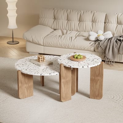 STILVORA Salontafel - 2 Delige Set Rond - Moderne Salontafel Voor Woonkamer Of Balkon - Lichtgewicht En Praktisch - 70x70+50x50 cm - MDF - Wit + Houtkleur