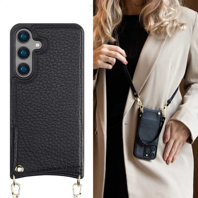 Selencia Hoesje - Geschikt voor Samsung Galaxy S24 - Backcover met koord en pashouder - Zwart