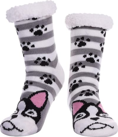 Budino® Huissokken - Verwarmde sokken - Antislip Sokken - Warme Sokken - Dikke Sokken - Anti Slip - Fluffy Sokken - Dames en Heren - Hond Wit Grijs Gestreept