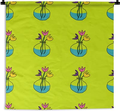 Wandkleed - Wanddoek - Bloemen - Vazen - Patronen - 90x90 cm - Wandtapijt